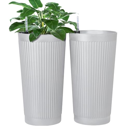 FENCY Self Watering Tall Planters Set of 2, White Round - color: White-round Ribbed