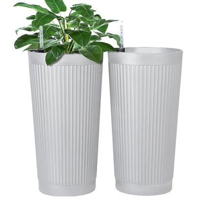 FENCY Self Watering Tall Planters Set of 2, White Round - color: White-round Ribbed
