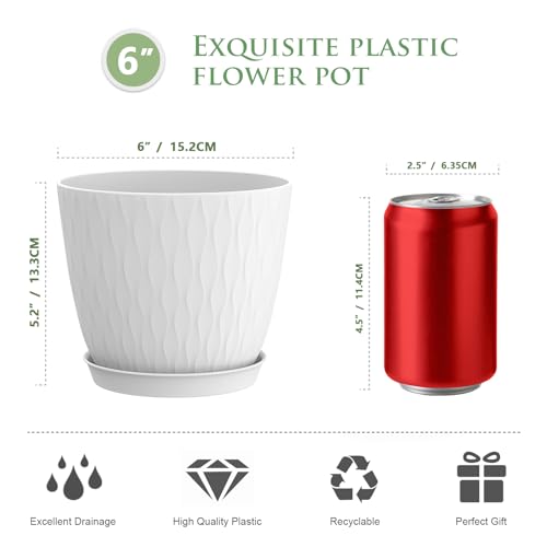 WSMKSZ 6 inch Flower Pots, 5 Pack Plant Pots with Drainage Holes and Saucers for Indoor Plants, Plastic Planters with Water Ripple for Small Garden House Plants, Nursery Pots for Succulent, White - color: White, size: 6inch 5pcs