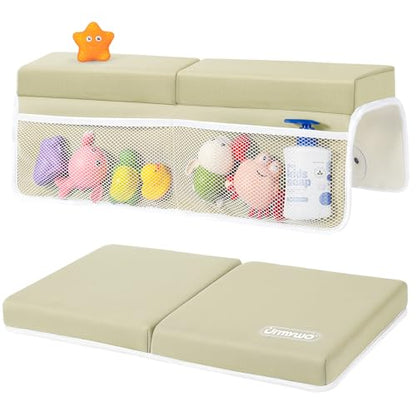 URMYWO Bath Kneeler and Elbow Rest Pad Set - 1.5" Thick Baby Bath Kneeler Pads with Toys Organizer, Anti-Slip Cozy Knee & Arm Support Bathtub Mat, Quick Dry Kneeling Pad for Baby Bath Time - color: Beige