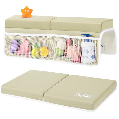 URMYWO Bath Kneeler and Elbow Rest Pad Set - 1.5" Thick Baby Bath Kneeler Pads with Toys Organizer, Anti-Slip Cozy Knee & Arm Support Bathtub Mat, Quick Dry Kneeling Pad for Baby Bath Time - color: Beige