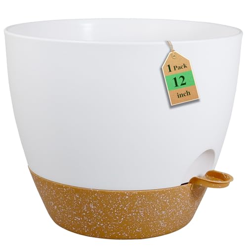 WSMKSZ 12 inch Large Self Watering Pots, Flower Plant Pots with Drainage Holes for Indoor Outdoor Garden Plants, Plastic Planters with Removable Deep Reservoir, White with Brown - color: White With Brown, size: 12inch 1pcs