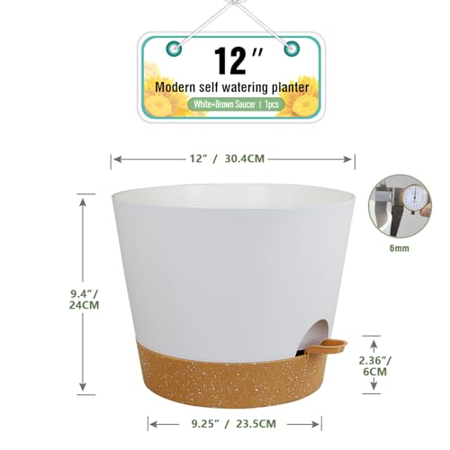 Meowell 12 inch Large Self Watering Pot for Indoor Outdoor Plants - color: White With Brown, size: 12inch A