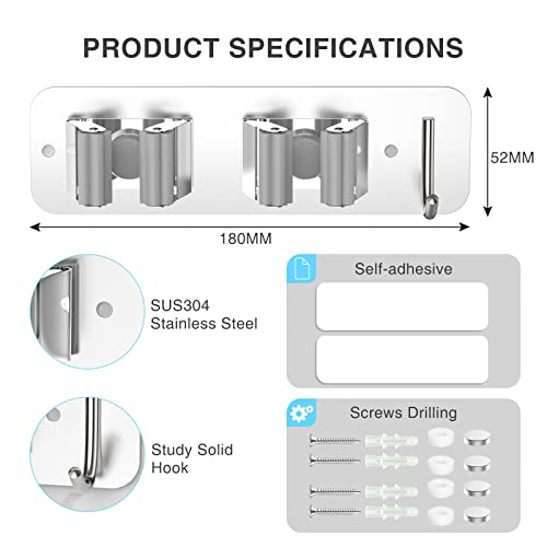 homeasy Wall Mount Mop and Broom Holder, Heavy Duty Stainless Steel Organizer Rack with Hooks | 2-Pack, 2-in-1 No Drill & Screw Installation, Silver - color: Silver-2