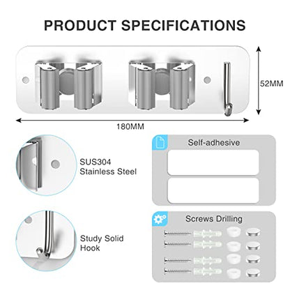 homeasy Wall Mount Mop and Broom Holder, Heavy Duty Stainless Steel Organizer Rack with Hooks | 2-Pack, 2-in-1 No Drill & Screw Installation, Silver - color: Silver-2