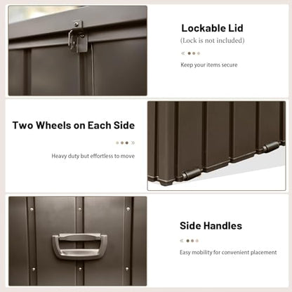 190 Gallon Outdoor Storage Shed, Lockable Metal Deck Box with Rolling - color: Dark Brown-A