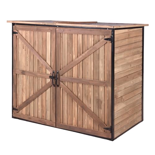 GUTINNEEN Weatherproof Outdoor Trash Can Shed, Outdoor Storage Shed with Strong Metal Frame, Wooden Garden Sheds with Adjustable Shelves and Removable Floor - color: Brown1