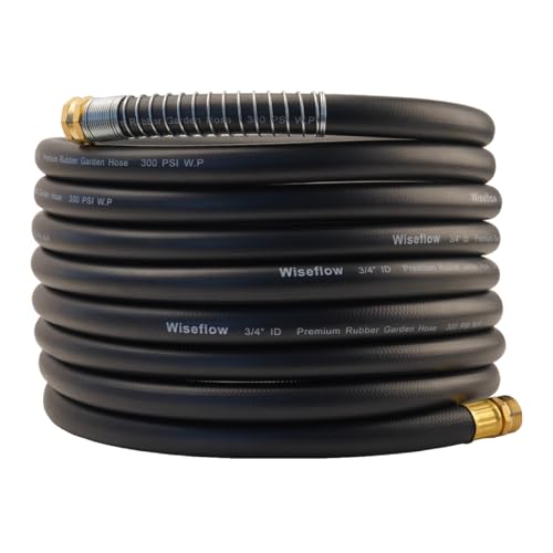 Wiseflow Garden Hose 25FT x 3/4", Heavy Duty Rubber Hose, Water Hose with Five Layered Braiding, Male Female Fittings, 1200PSI Burst, 300PSI Working for Yard, Car Wash, Pets (Black) - color: Black, size: 25FT 3/4