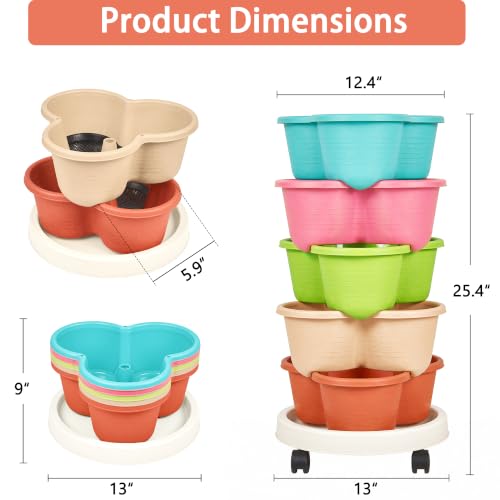 VECELO 5 Tier Vertical Garden Planter, Self Watering Stackable Planters with Wheels for Strawberries, Herbs, Flowers, Vegetables, Multicolor - color: Multicolor, size: 5 Tier