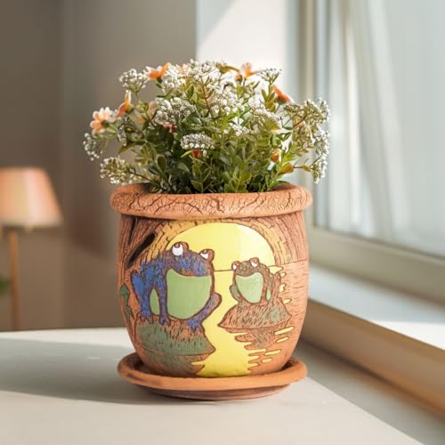 STP GOODS Ceramic Pot with Drainage Hole and Saucer, Plant Pots, Modern Decorative Planters for House Plants Indoor Flowers Plants, Cute Flower Pot - Gifts (Frogs in Moonlight 0.7 L) - color: Frogs in Moonlight 0.7 L