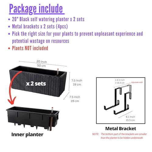 LaLaGreen Outdoor Rail Planter for Balcony (20 Inch, 2 Pack) Large Black Self Watering Deck Railings Planters with Brackets, Rectangular Plastic Fence Flower Box Designer Choice with Rattan Pattern - color: Black X 2