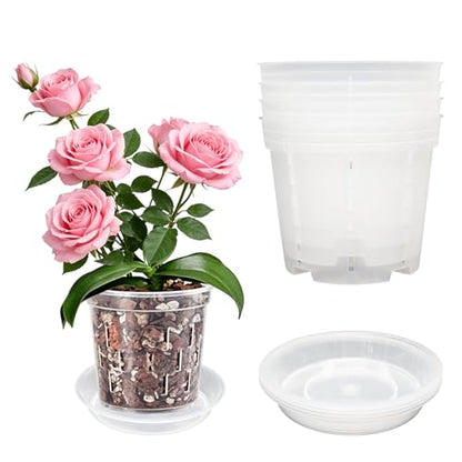 Orchid Pot with Saucers-Drainage Holes, 4 Pack 5 Inch Clear Plastic Breathable Slotted Pots for Repotting-Root Control Planter-Plastic Plant Pot for Butterfly Orchid, Hydroponics, Indoor & Outdoor - size: 5” with Saucers 4Pcs