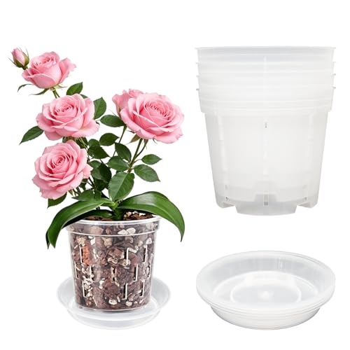 Orchid Pot with Saucers-Drainage Holes, 4 Pack 5 Inch Clear Plastic Breathable Slotted Pots for Repotting-Root Control Planter-Plastic Plant Pot for Butterfly Orchid, Hydroponics, Indoor & Outdoor - size: 5” with Saucers 4Pcs