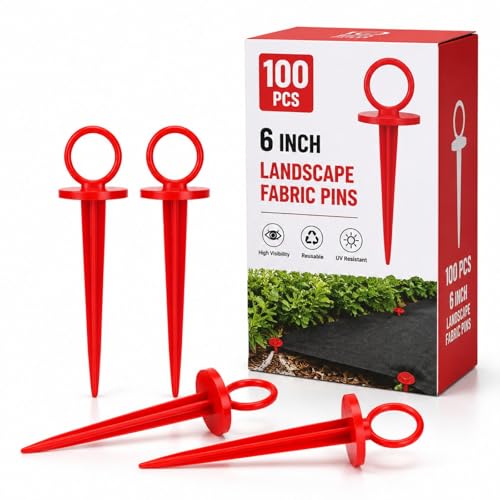 Thyle 100 Pcs 6 Inch Landscape Fabric Pins Circle Top Garden Staples Red