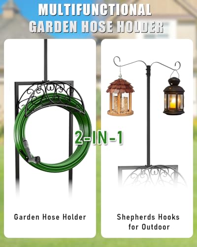 5-Spike Garden Hose Holder Freestanding with 2 Shepherds Hooks - color: Upgraded Hose Holder