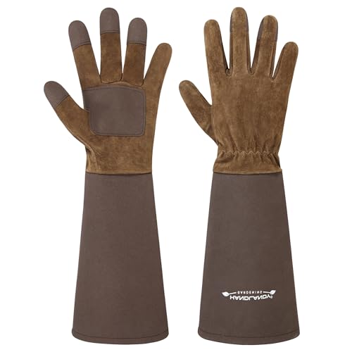 HLDD HANDLANDY Long Gardening Gloves for Women Men - Leather Rose Pruning Gloves Thorn Proof - Breathable Working Glove for Planting, Weeding, Yard Work