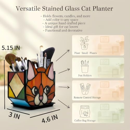 Star Orange Cat Planter, Stained Glass Flower Pot, Art Deco Style, Indoor Plant Container with Drainage Hole, 4.6x3x5.15 Inches - color: Orange