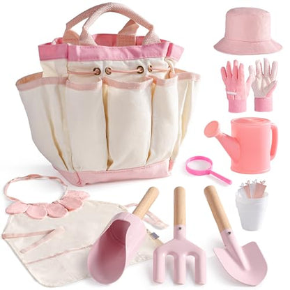 ROBOTIME Kids Gardening Set, 17PCS Kids Gardening Tools for Girls, Toddler Gardening Set with Hat, Apron, Gloves, Watering Can & Tool Bag – Outdoor Garden Toy Kit (Pink) - color: Pink