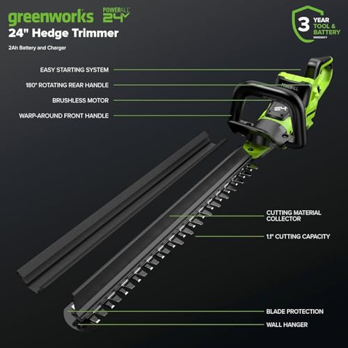 Greenworks 24V 24 in Cordless Hedge Trimmer, 2.0 Ah Battery and Charger - size: 24 in, style: With 2Ah Battery