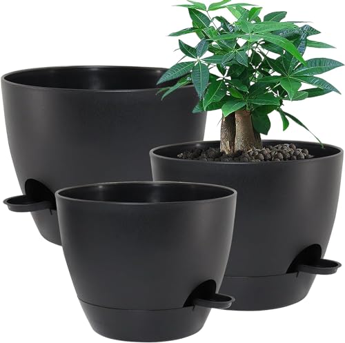 UOUZ Large Self Watering Pots, 12/10/9 Plastic Planters with High Drainage Holes and Deep Reservoir for Indoor Outdoor Garden Plants and Flowers, Black - color: Black