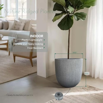14.8"H Tall Tapered Ribbed Large Plastic Planter w/ Drainage Hole & Plug - color: Mediterranean Gray., size: 14.8in