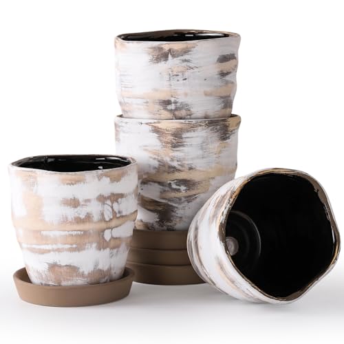 Modern Irregular Ceramic Planter Set of 4, 4 Inch Small Unique Reactive Glaze Flower Pots with Drainage Holes & Saucers - Indoor Outdoor Decorative Succulent Orchid Pots- Light Brown - color: Light Brown, size: 4inch-Set of 4