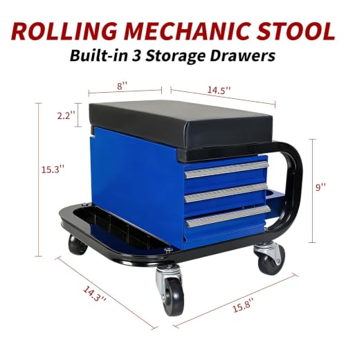 Rolling Mechanic Stool with Wheels, Creeper Seat with 3 Built-in Tool Drawers, Side Tool Tray & Rear Bottle Tray for Shop & Work, Garage Use (14" L × 15" W × 15" H) - color: Blue W/ 3 Slide Drawers
