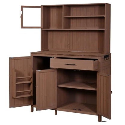 Merax Outdoor Garden Potting Bench with Hutch, 65" H Solid Fir Wood Patio Garden Workstation Tabl with Large Countertop, Adjustable Shelves, Door Rack, Side Hook and Drawer, Brown - color: Brown