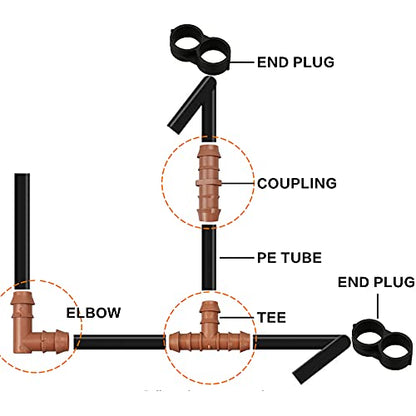 Irrigation Fittings Kit for 1/2"(.600" ID) Tubing,20 Pieces Set-8 Couplings, 6 Tees,6 Elbows - Barbed Connectors for Drip or Sprinkler Systems - style: 20P-Set