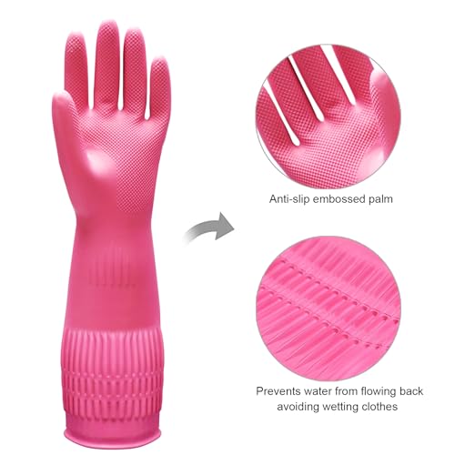 Bamllum 3 Pairs of Rubber Dishwashing Gloves for Kitchen and Household Cleaning – Long Cuff 15", Reusable, Flexible Long-lasting and Non-Slip (Red+Yellow+Green, Large) - size: L(Best for Medium Hands)