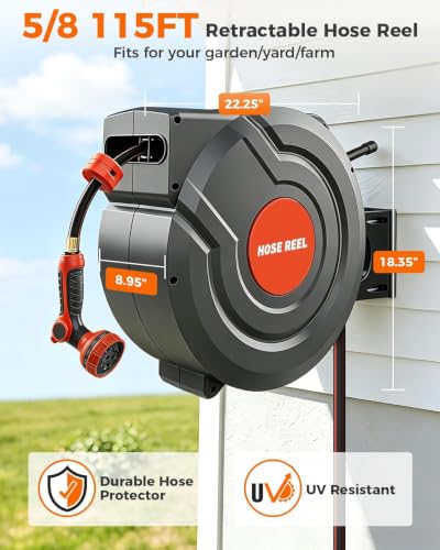 5/8 Inch 115FT Retractable Garden Hose Reel,Wall Mounted Retractable Hose Reel with 9-Pattern Nozzle, 180° Swivel Auto Rewind, Any Length Lock Water Hose Reel for Yard Garden Car Washing - size: 115ft 5/8 Inch