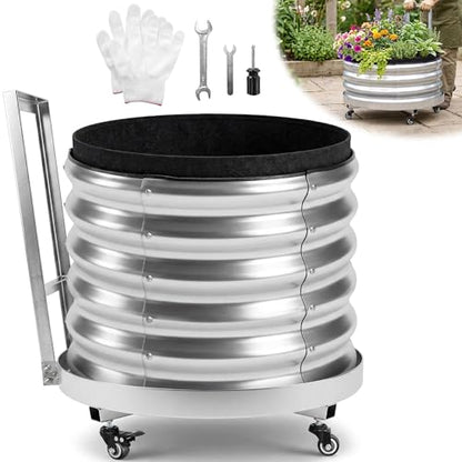Large Rolling Garden Planter Box with Geotextile Grow Bag & Plastic Tray Pad, Galvanized Metal Raised Garden Bed Outdoor with Wheels for Flowers Tomatoes Vegetables Olive Trees, 2x1.4ft - size: 2x1.4 ft