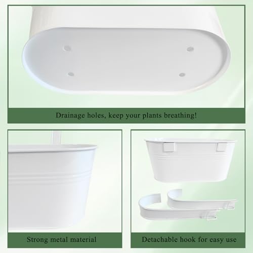 2 Pack 10" Metal Hanging Fence Planter Outdoor with Detachable Hooks, White - color: White