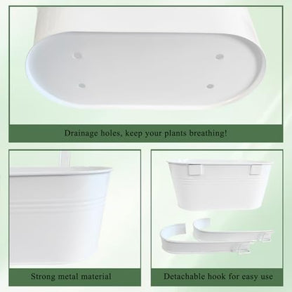 2 Pack 10" Metal Hanging Fence Planter Outdoor with Detachable Hooks, White - color: White