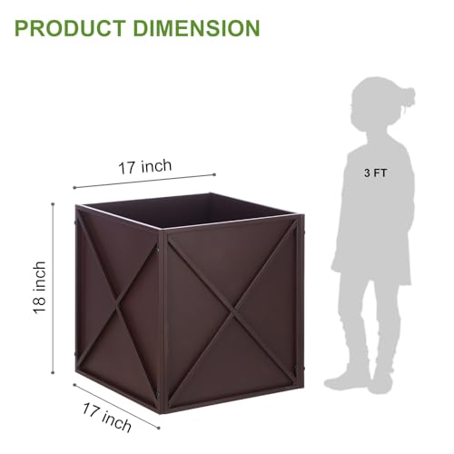 BAYN Metal Square Planter Box Tall Planters for Outdoor Plants Modern Heavy Duty with Drainage Holes for Outside Indoor Patio Deck - Brown, 17”x 17”x 18” - color: Brown, size: 17”x 17”x 18”