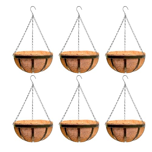 LaLaGreen Garden Hanging Baskets (14 in, 6 Pack) Black Iron Coco Liner Pots - size: 14" (36cm) x 6 Pack