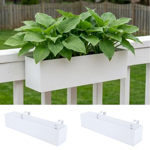 LaLaGreen Planter Boxes Outdoor (16 Inch, 2 Pack) White Metal Rectangular Railing Flower Box with Brackets, Deck Railings Planters for Plants Fence Balcony Patio Porch Modern Garden Decor Over Rail - size: 16" x 2 Pack