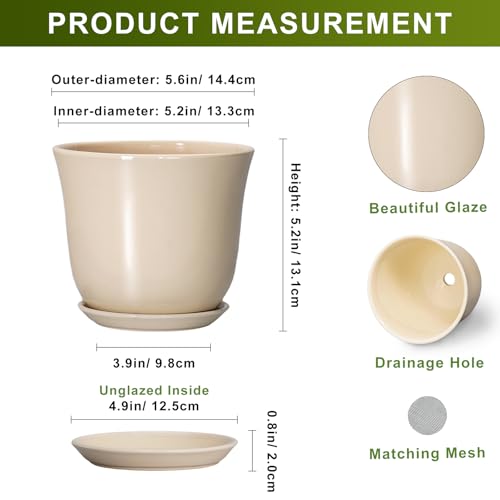 Ceramic Pots for Plants, 5.6 Inch Plant Pot with Drainage, Beige - color: Beige, size: 6 Inch