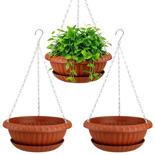 summer flower 3 Pack Large Hanging Planters 12.59in Plastic Plant Pots with Drainage Holes & Trays for Indoor Outdoor Garden Wall Window Decor (Red) - color: Red-xpots