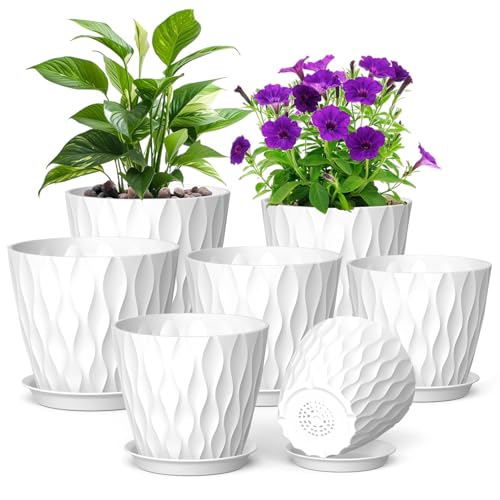 Meowell 7/6.5/6/5.5/5/4.5/4 inch Plant Pots for Indoor Outdoor Plants, 7 Pack Thick Flower Pots with Drainage Holes and Saucers, Modern Wave Texture Plastic Planter Pots for Nursery, Succulent, White - color: White, size: 7+6.5+6+5.5+5+4.5+4 inch 7 pieces