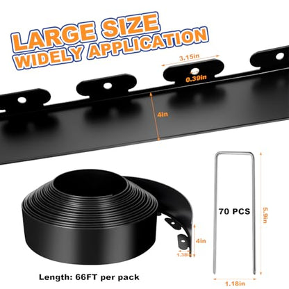 4 Inch x 66 FT (Multiple Sizes Available) Landscape Edging, Garden Edging Borders with 70pcs Upgrade Stakes, Flexible No Dig Plastic Garden Border for Lawn, Landscaping, Flower Beds, tree and Yard - size: 4IN x 66FT