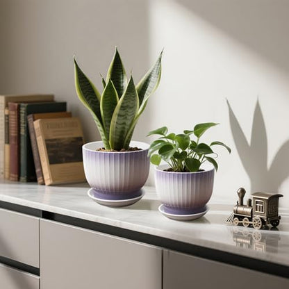 Ceramic Plant Pots, Purple + White, 6.7 + 5.5 Inch, Set of 2 - color: Purple + White