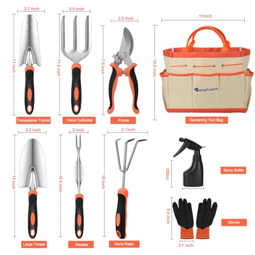Yesker Gardening Tools 9-Piece Heavy Duty Garden Tool Set Gardening Supplies Gifts for Women Men Gardening Hand Tool Kit with Non-Slip Ergonomic Handle, Garden Bag, Durable Gloves and Shears, Orange - size: 9PCS Black Orange