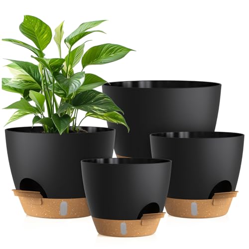 Plant Pots, 4 Pack 12/10/9/8 Inch Self Watering Pots with Drainage Holes, Water Level Indicator Deep Reservoir, Large Planters for Indoor Outdoor Plants - Black Brown - color: Black Brown, size: 12+10+9+8 inch Set