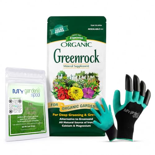 Espoma Organic Greenrock All-Natural Mineral Supplement and Fertilizer for Organic Gardening. for Flowers, Vegetables 7 LBS with My Garden Pool PH Soil Test Strips 20 ct, and Gardening Claw Gloves