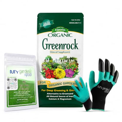 Espoma Organic Greenrock All-Natural Mineral Supplement and Fertilizer for Organic Gardening. for Flowers, Vegetables 7 LBS with My Garden Pool PH Soil Test Strips 20 ct, and Gardening Claw Gloves