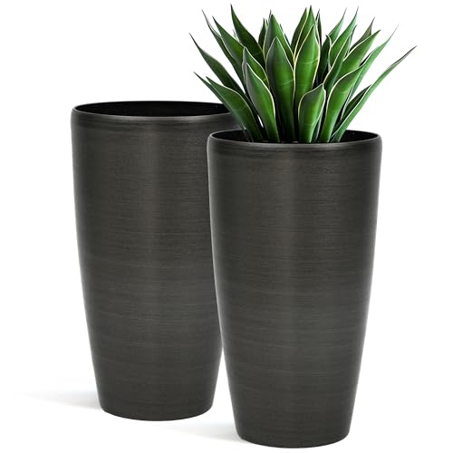 Autodaya 22.8" Tall Outdoor Planters Set of 2, Faux Brushed Steel Finish - color: Metallic Brushed Black-21.8"h