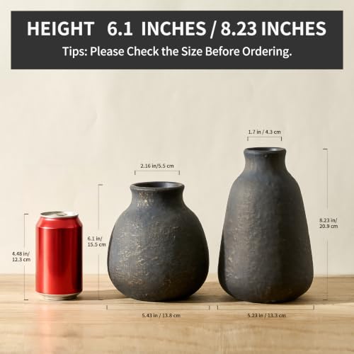Ceramic Vase Set of 2 for Home Decor, 6.1"+8.23" Handcrafted Black Bronze Rustic Terracotta Vases, Vintage Farmhouse Decor, Minimalist Decorative Vases for Table Centerpiece Fireplace Nightstand - color: Black Bronze- 2pcs