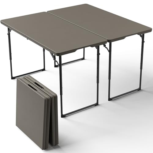 2 Pack Folding Table, 4FT Foldable Picnic Table with Adjustable Height, Heavy Duty Fold-in-Half Portable Table for Weddings, Camping, RV Travel, Parties, BBQs, Easy to Fold and Store, Khaki - color: Khaki, size: 4FT-2 Pack