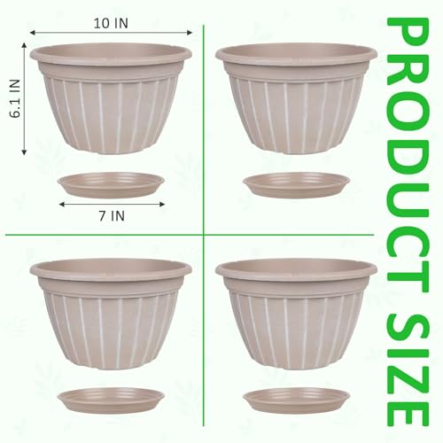10 Inch Plant Pots,4 Pack Flower Pot,Planters Pot with Drainage Hole - color: Beige, size: 10 inch-4 pack